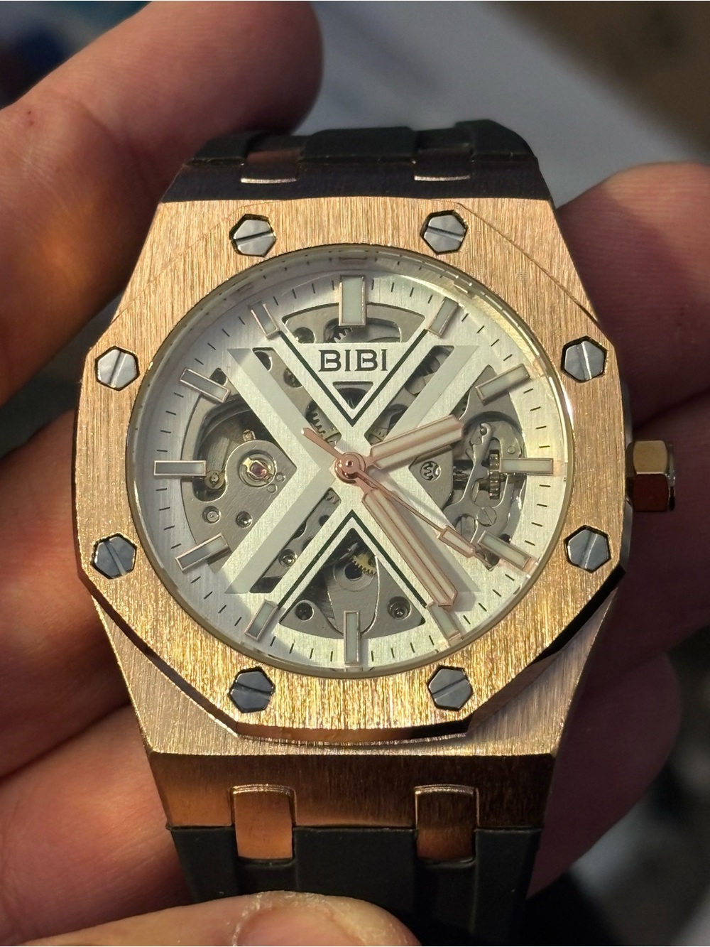 BiBi Rose Gold Case Automatic with Silver Skeleton Dial and Black Strap